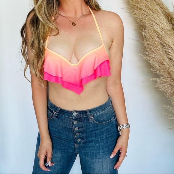 VS VICTORIAS SECRET Pink Ruffle Halter Tie Underwire Plunge Bikini Swim Top XS - Picture 3 of 9